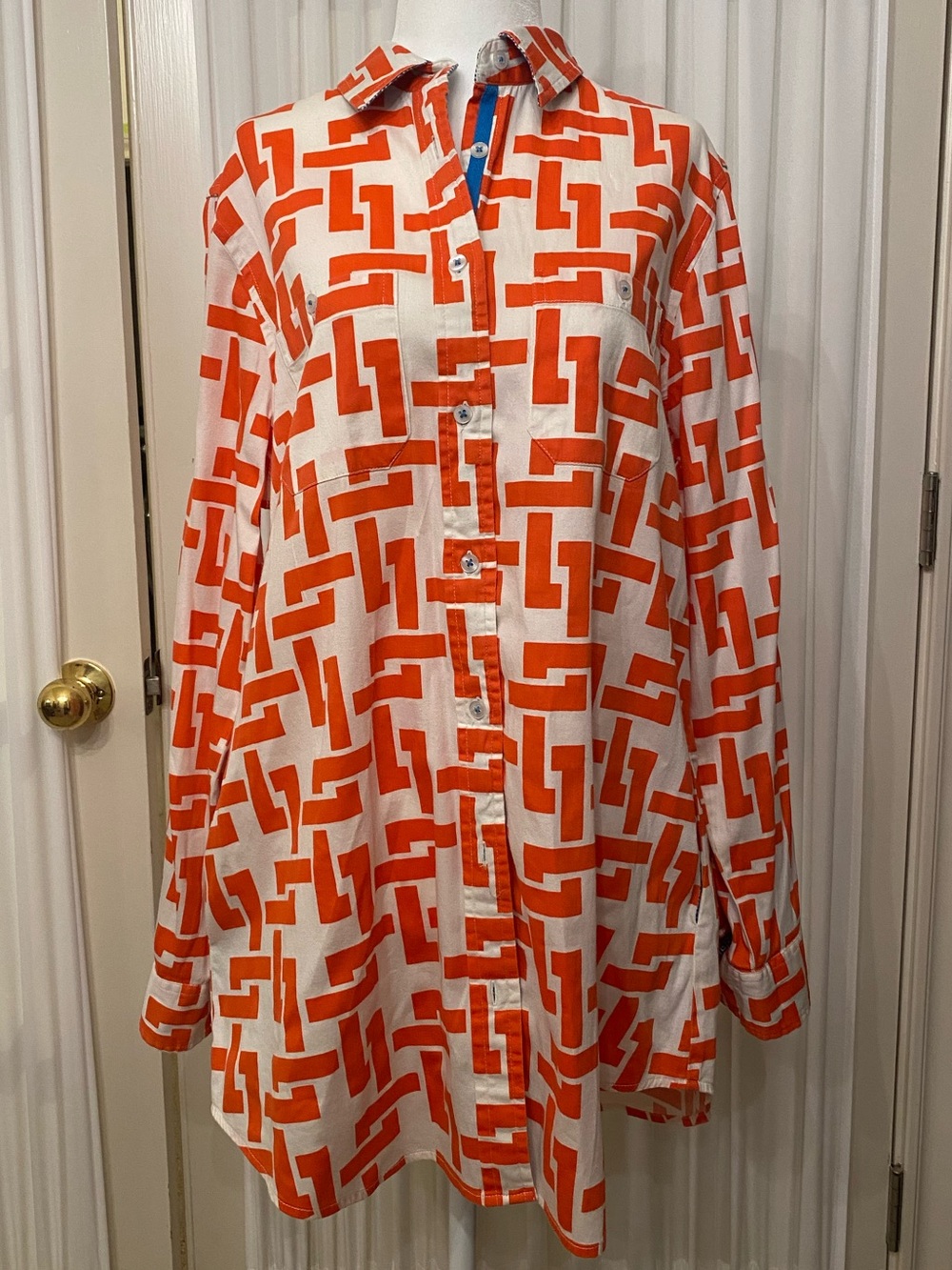 Tizzie Orange, Blue & White Geometric Button-Up Tunic Sz L